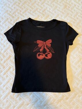 Harper Black Tee with Red Cherry Bow Graphic